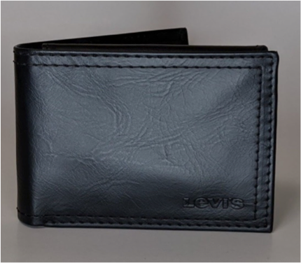 A black Levi's wallet with coated leather texture, featuring the Levi's logo on the front.