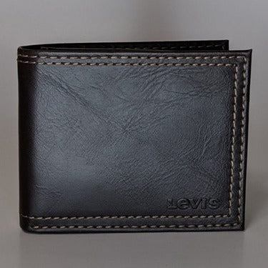 A brown Levi's wallet with RFID protection, featuring a trifold design, visible card slots, and coated leather texture.