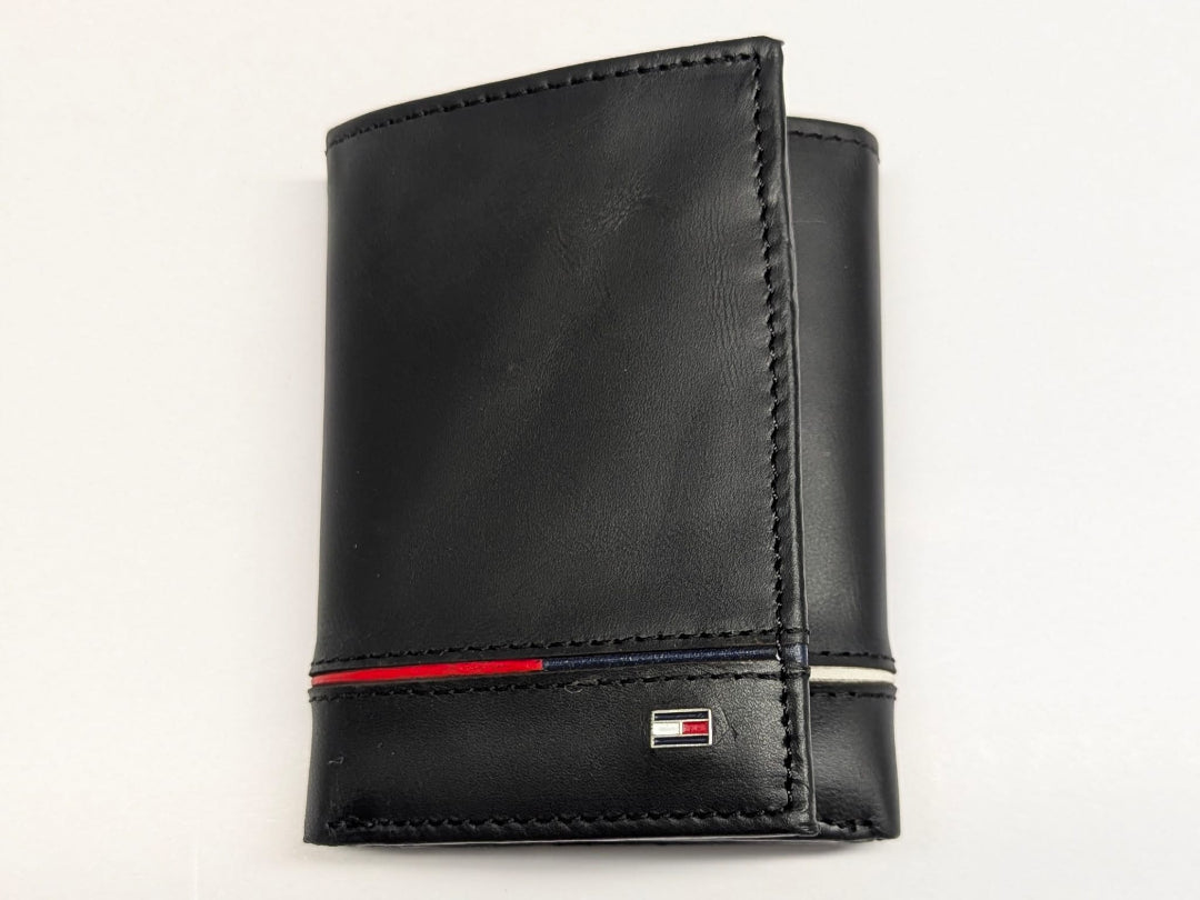 Black leather wallet with a brand logo on a white background