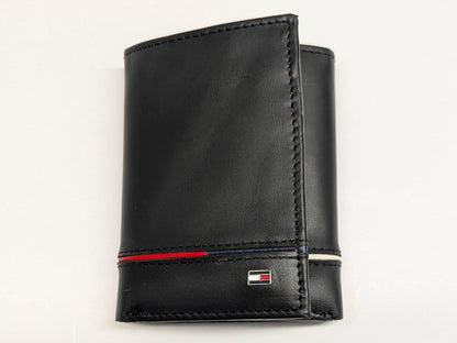 Black leather wallet with a brand logo on a white background
