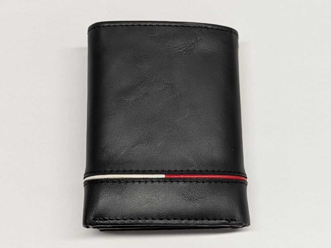 Black leather wallet with a red and white stripe on a light gray background