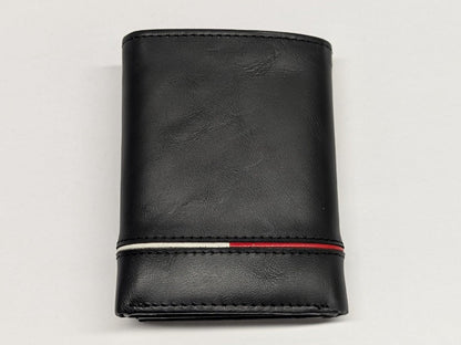 Black leather wallet with a red and white stripe on a light gray background