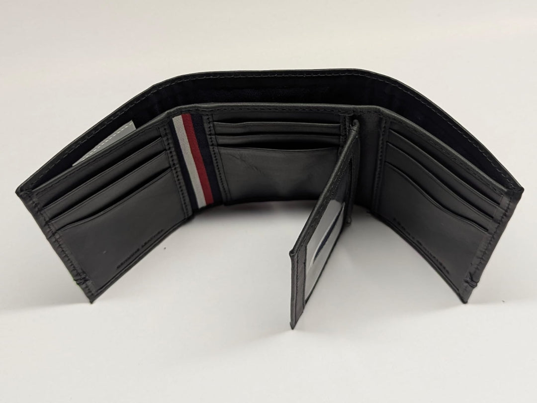 Black leather wallet with a red and blue stripe on a white background