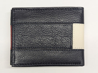 Black leather wallet with a beige patch on a light gray background