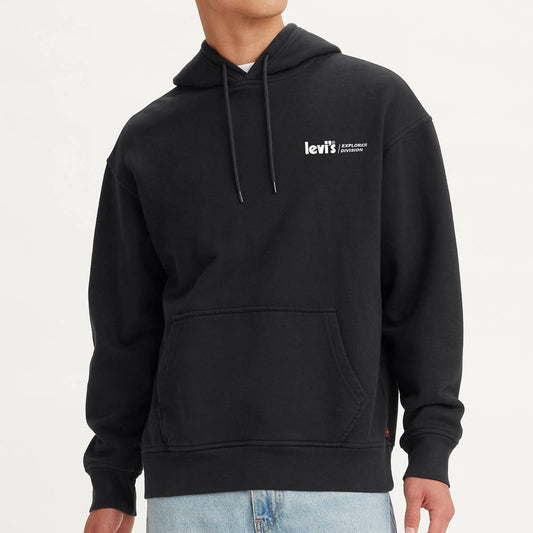 Person wearing a black hoodie with a logo on a white background