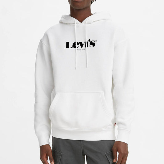Person wearing a white hoodie with Levi's logo on a light gray background