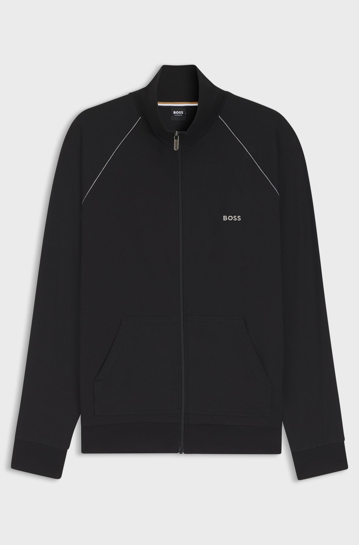 Black jacket with a brand logo on a light gray background