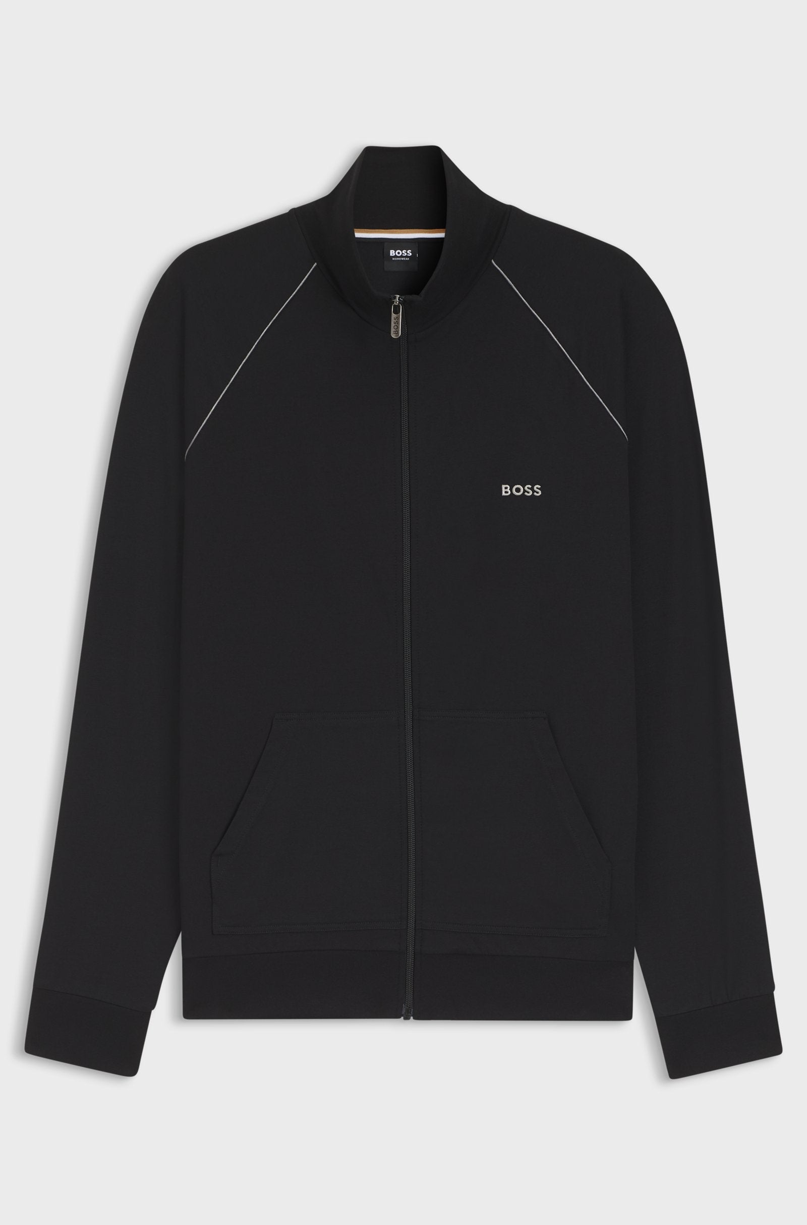 Black jacket with a brand logo on a light gray background