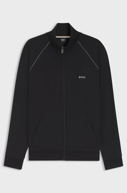 Black jacket with a brand logo on a light gray background