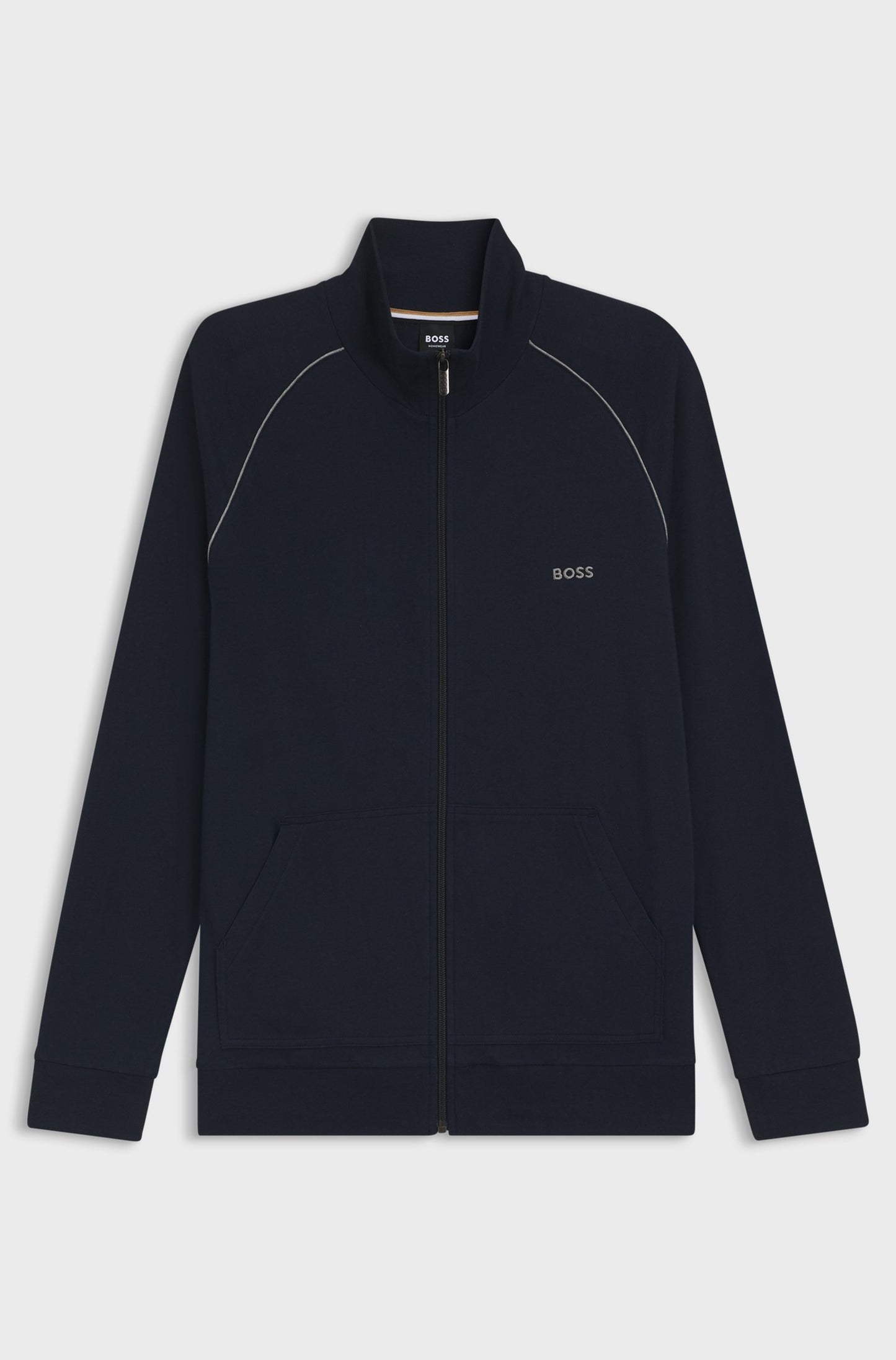 Navy tracksuit jacket with brand logo on a light gray background