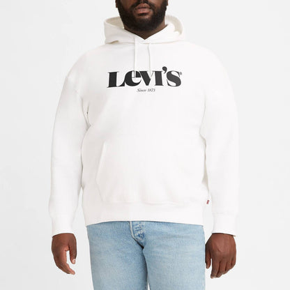 Man wearing a Levi's hoodie and light blue jeans on a white background