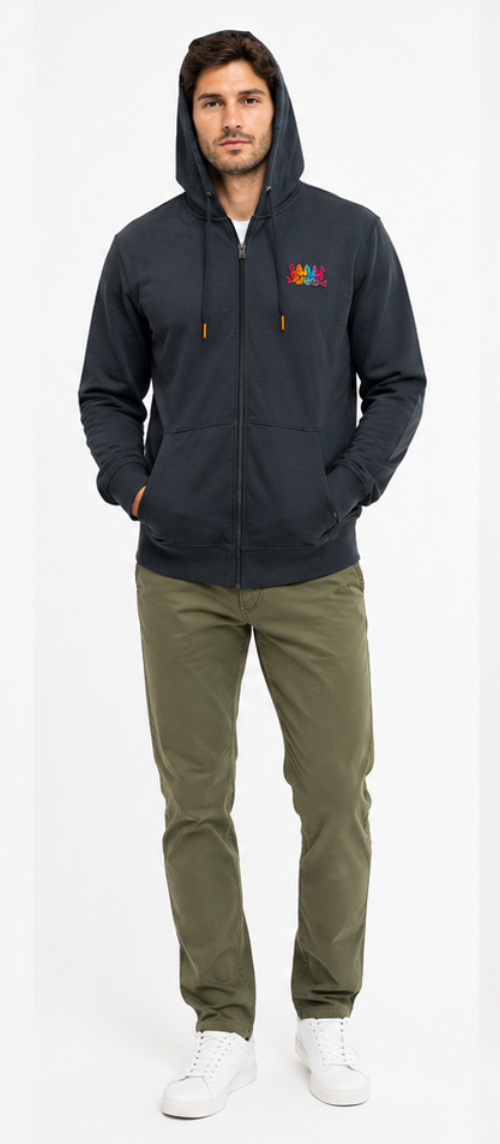 Person wearing a dark hoodie with a colorful design on a white background