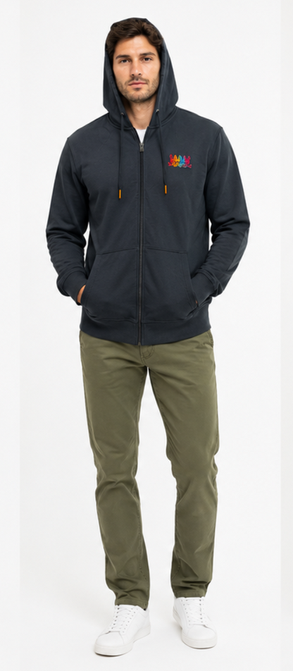 Person wearing a dark hoodie with a colorful design on a white background