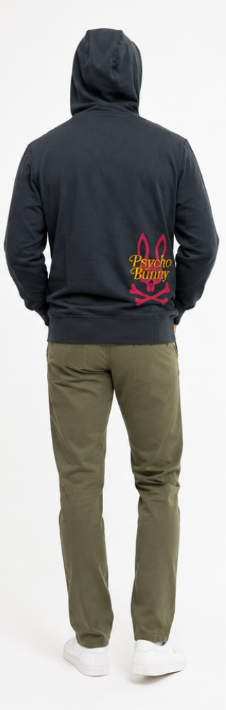 Person wearing a dark hoodie with a colorful design on the back, standing in front of a white background.