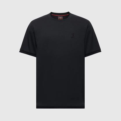 Black t-shirt with a small logo on a light gray background