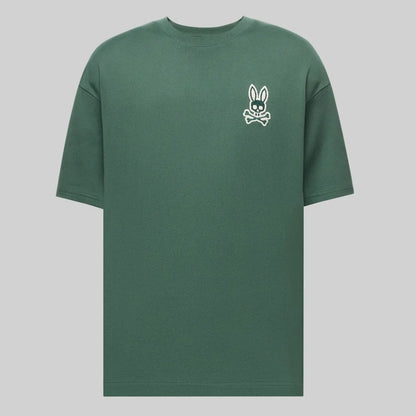 Green t-shirt with a white logo on a gray background