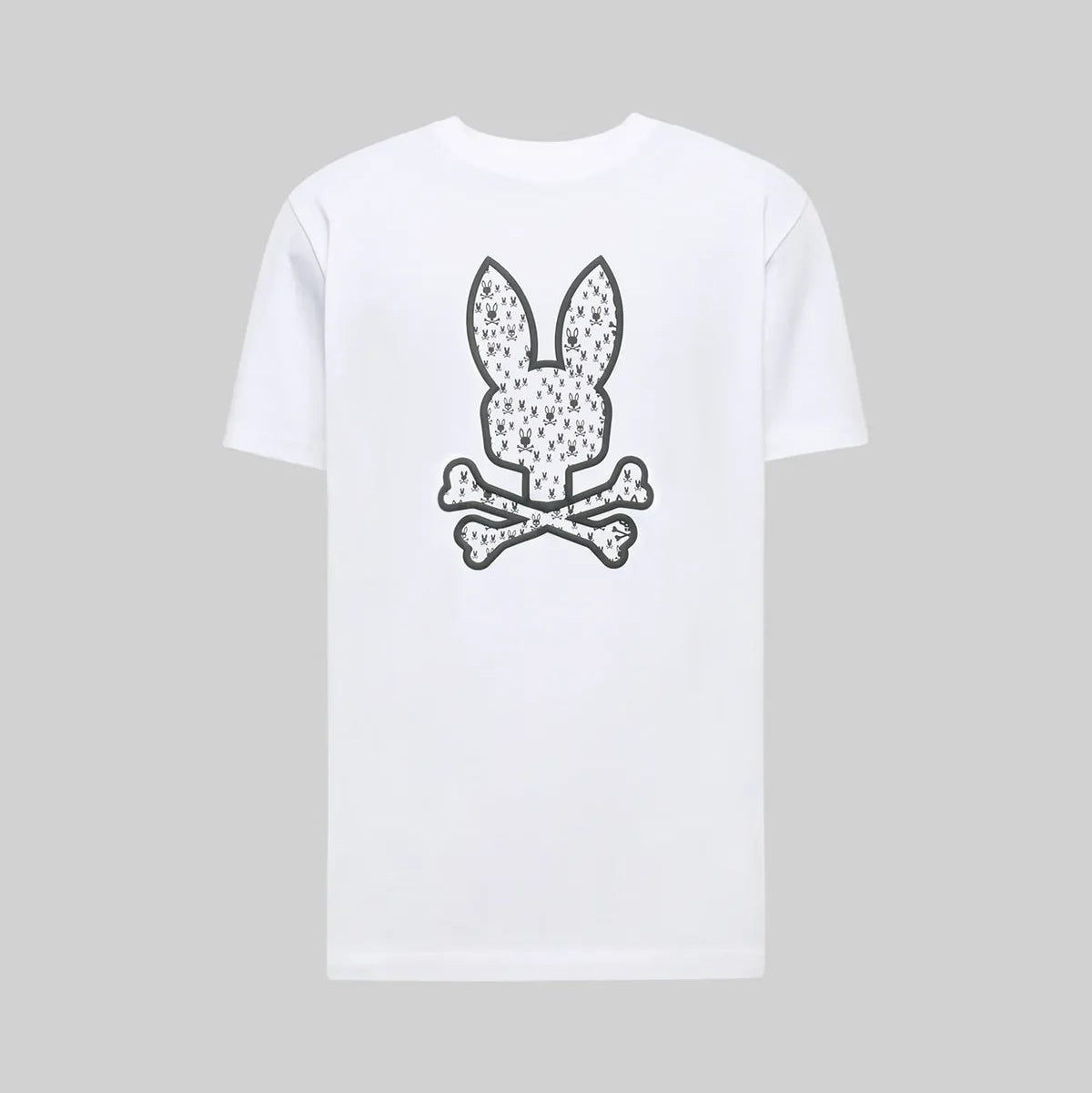 White t-shirt with black graphic design on a gray background