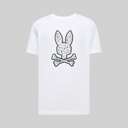 White t-shirt with black graphic design on a gray background