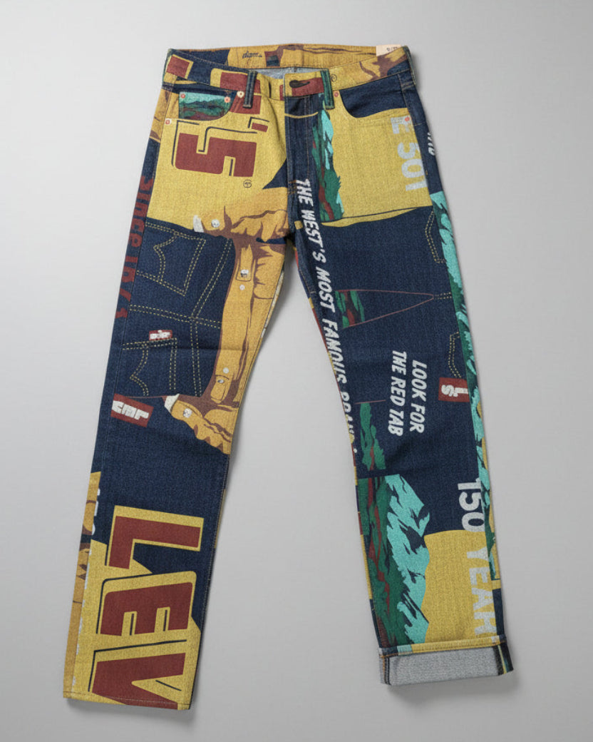 Colorful patterned pants with Levi's branding on a gray background