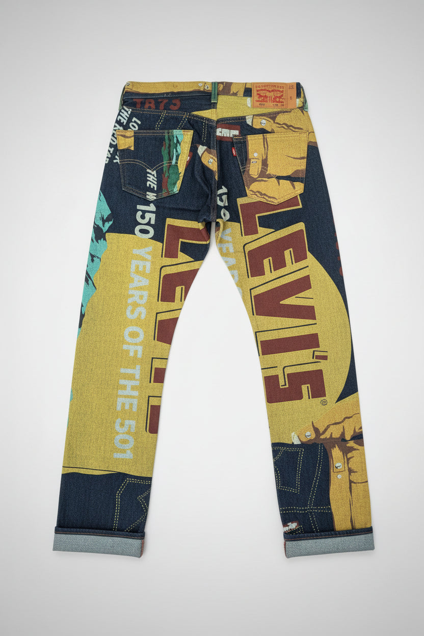Levi's jeans with colorful design on a wooden floor