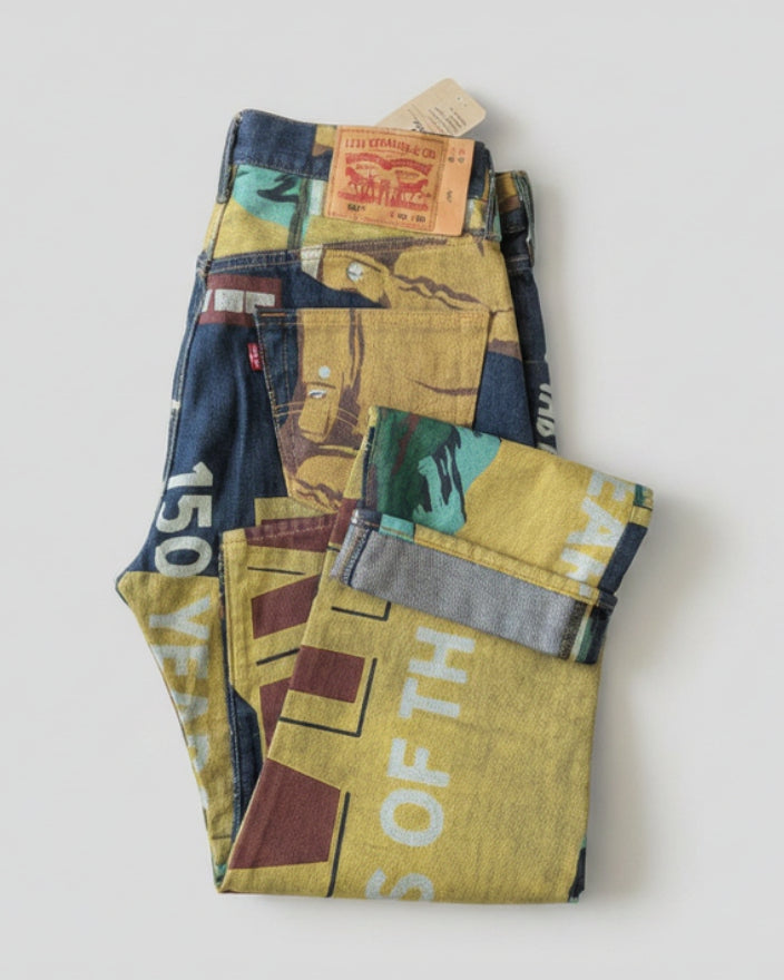 Levi's jeans with branding and text on a wooden surface