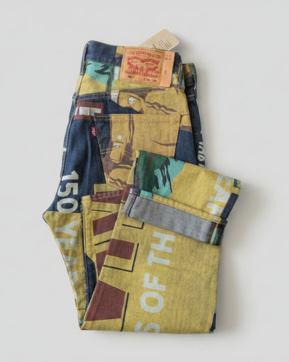 Levi's jeans with branding and text on a wooden surface