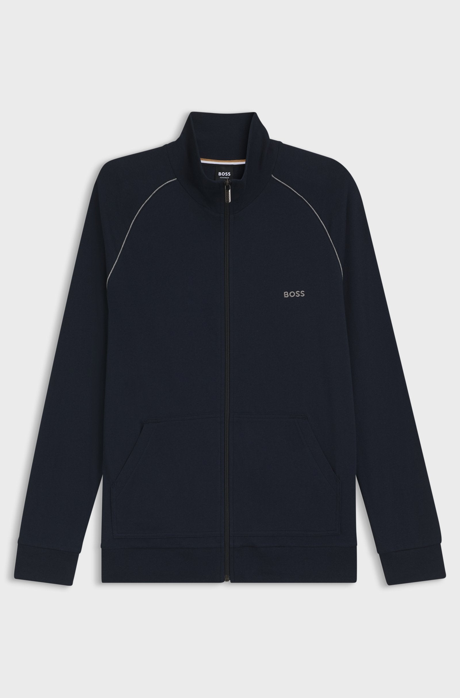 Navy tracksuit jacket with brand logo on a light gray background