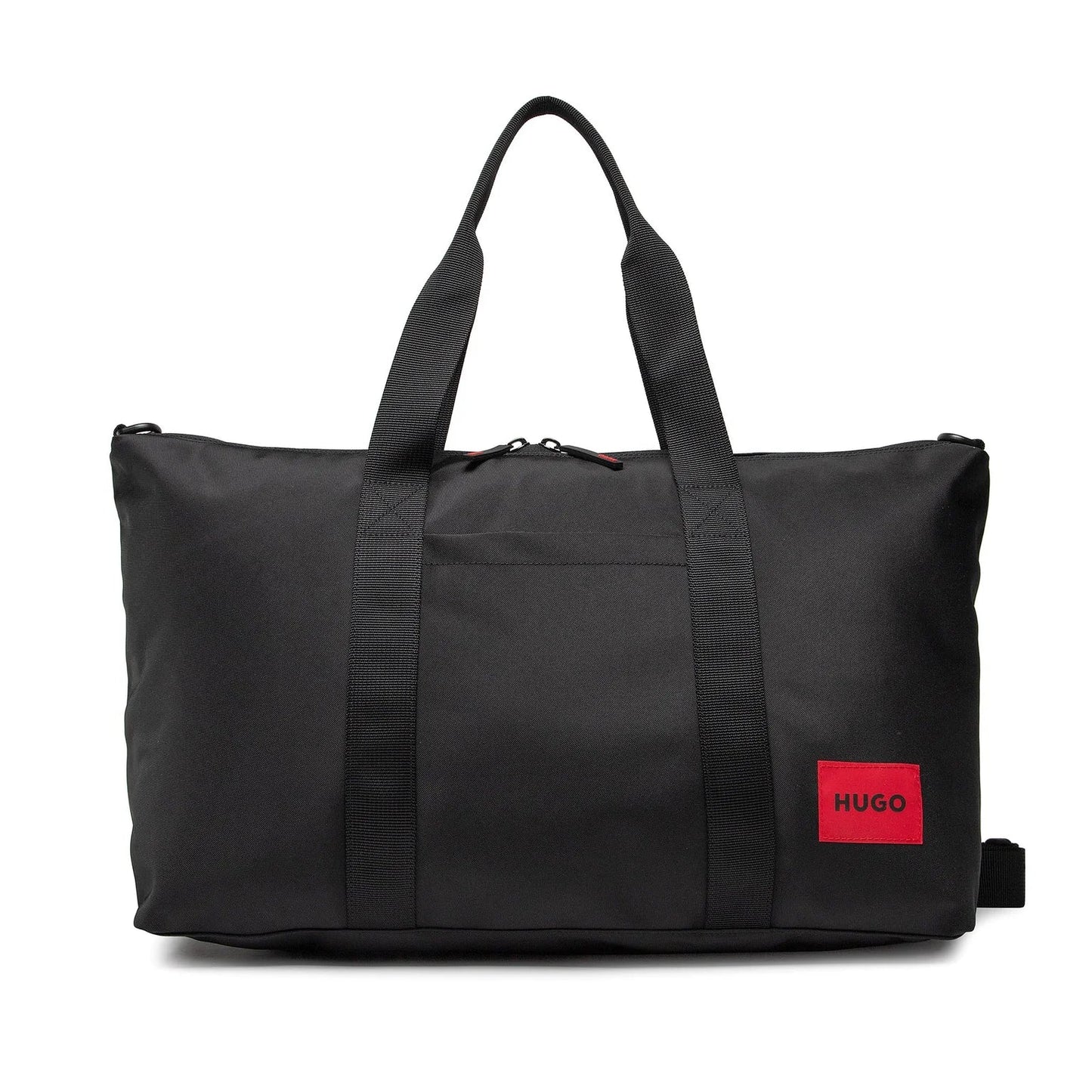 Black duffel bag with a red label on a white background